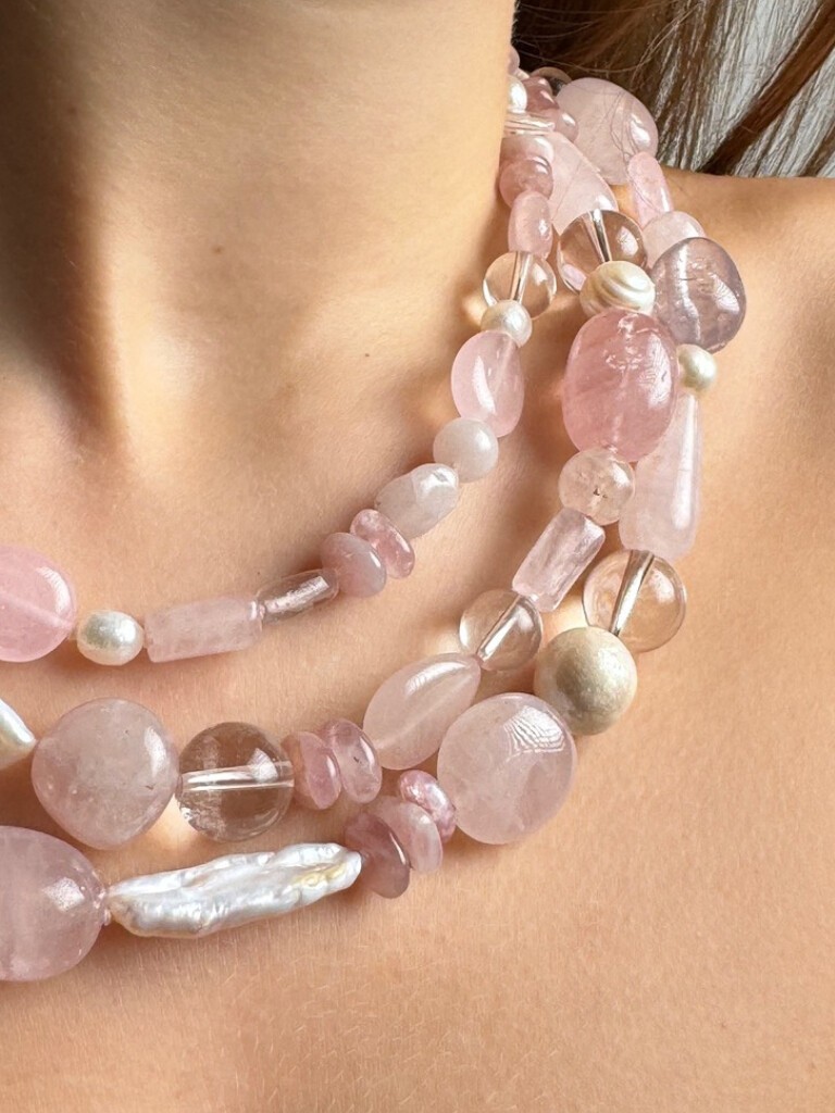 Layered necklace with quartz and freshwater pearls