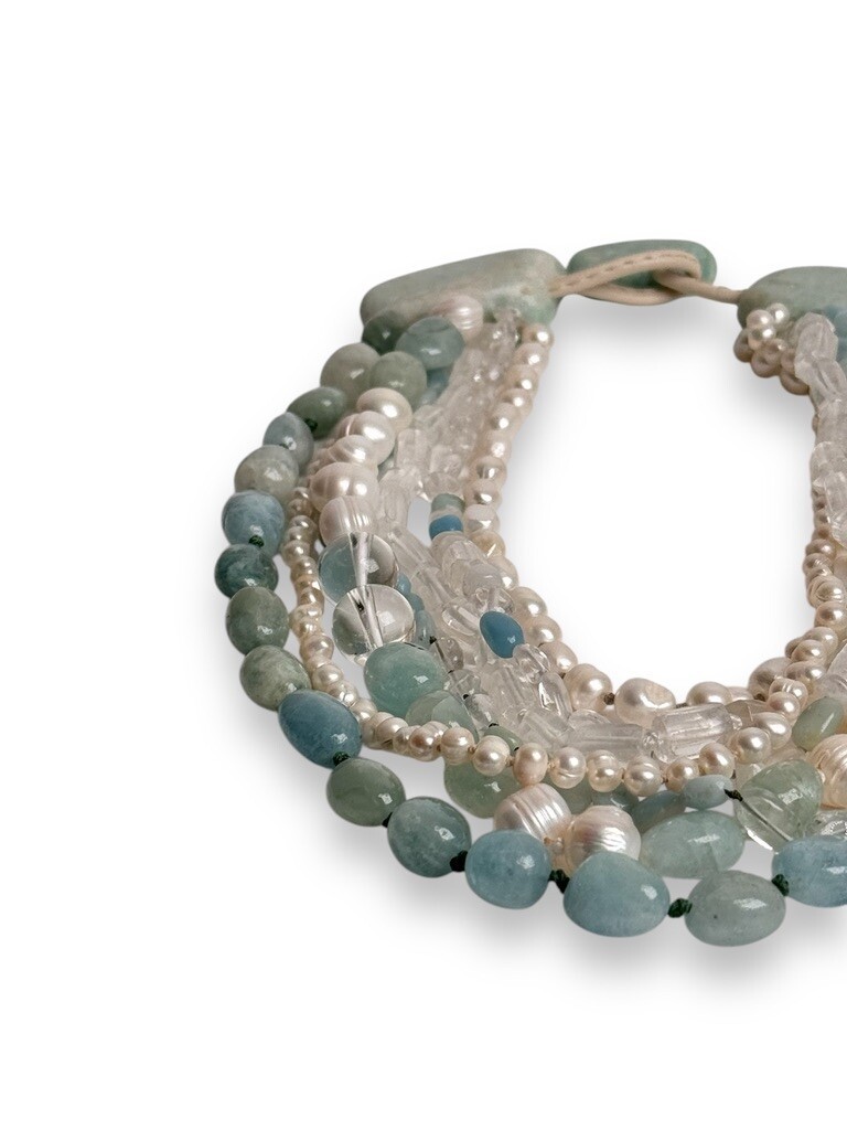Necklace: Aquamarine, amazonite, quartz and pearls