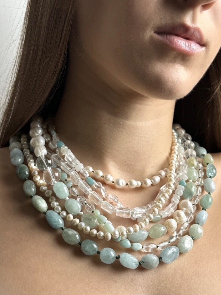 Necklace: Aquamarine, amazonite, quartz and pearls