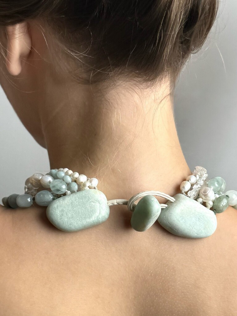 Necklace: Aquamarine, amazonite, quartz and pearls