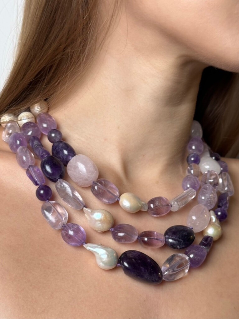 Necklace: rose quartz, crystal quartz, amethyst, ametrine and freshwater pearls