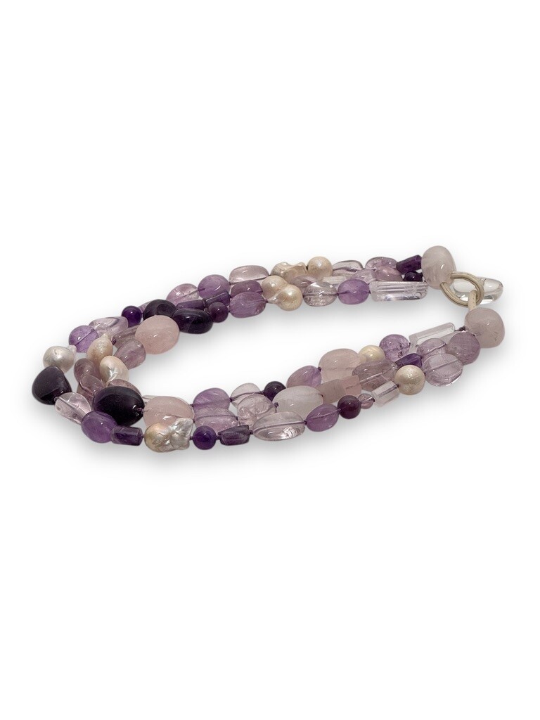 Necklace: rose quartz, crystal quartz, amethyst, ametrine and freshwater pearls