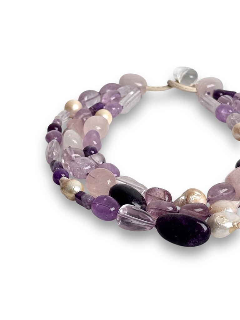 Necklace: rose quartz, crystal quartz, amethyst, ametrine and freshwater pearls