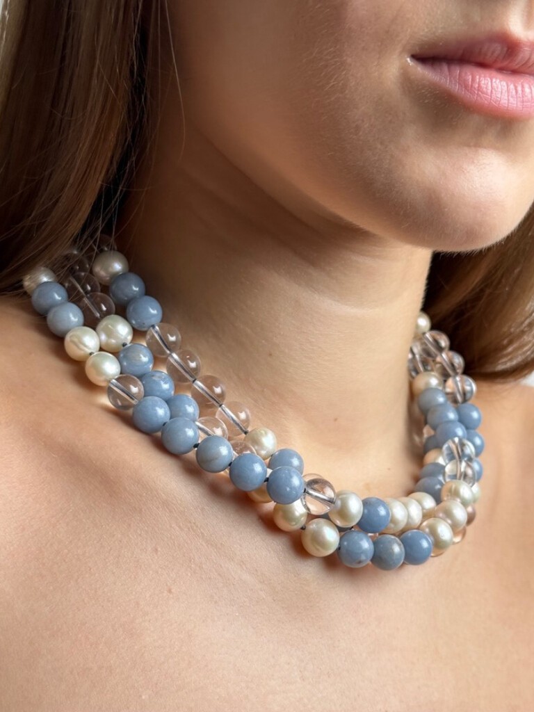 Angelite, crystal quartz, pearls