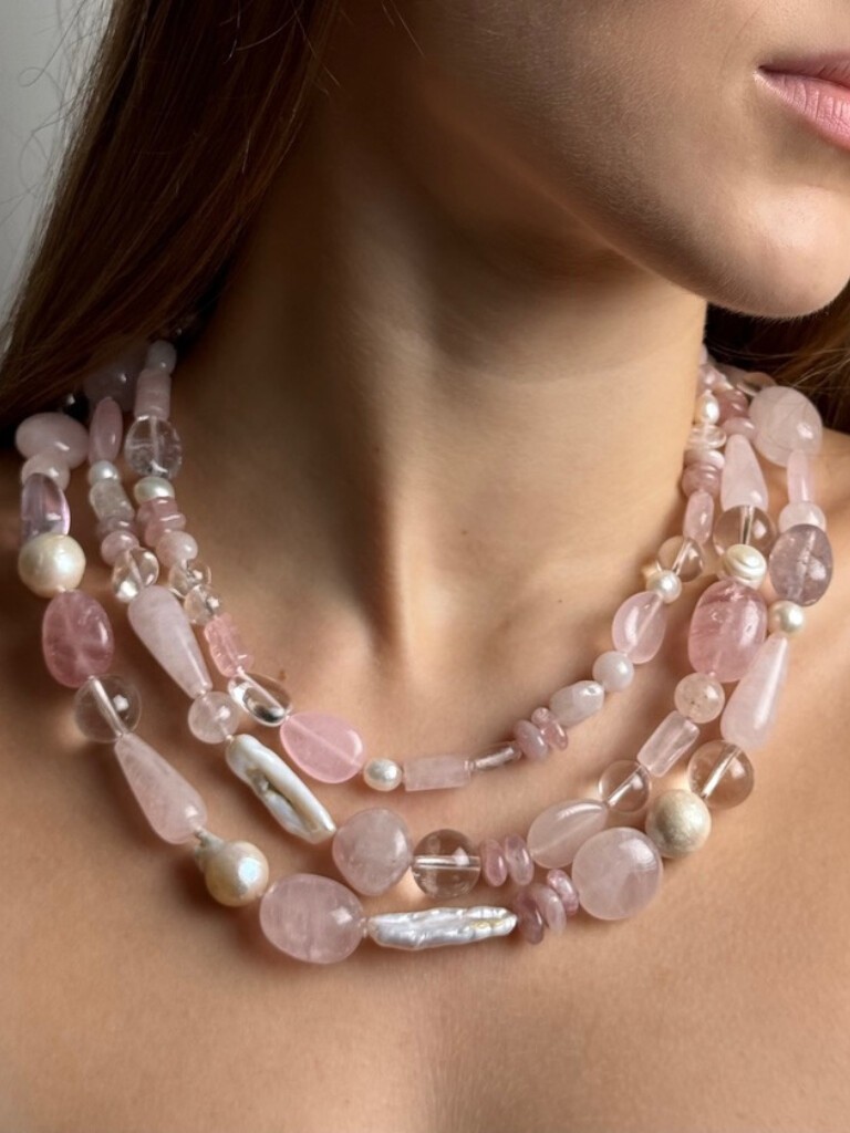 Layered necklace with quartz and freshwater pearls