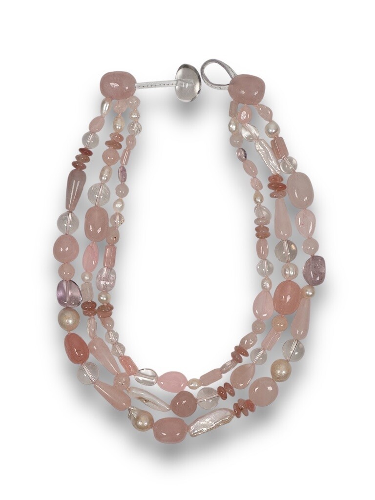 Layered necklace with quartz and freshwater pearls