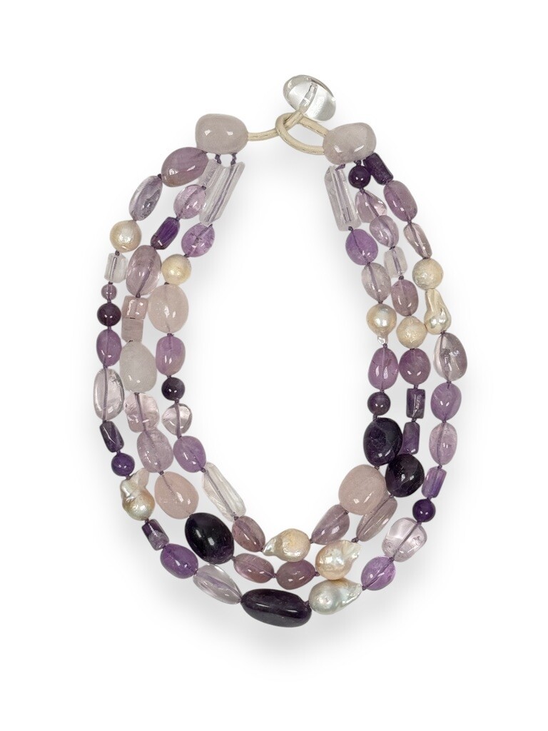 Necklace: rose quartz, crystal quartz, amethyst, ametrine and freshwater pearls
